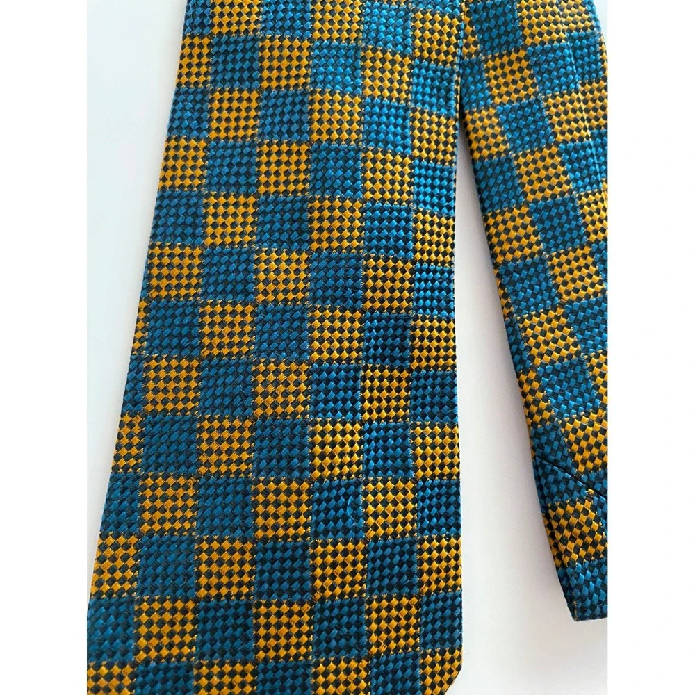 Kolmer-Marcus George Wally Vintage Silk Tie Teal Gold Checkerboard Woven Mens